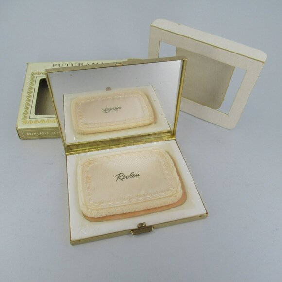 Vintage Revlon Futurama Gold Metal FULL Compact Mirror Love Pat Rachel - Picture 12 of 12